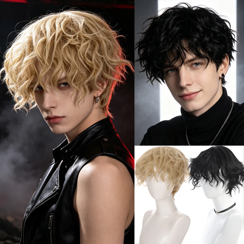 Synthesis Men's Curly Hair Short Anime Wig Cosplay Headband Heat-Resistant Natural Fluffy Wig Suitable for Halloween Wear