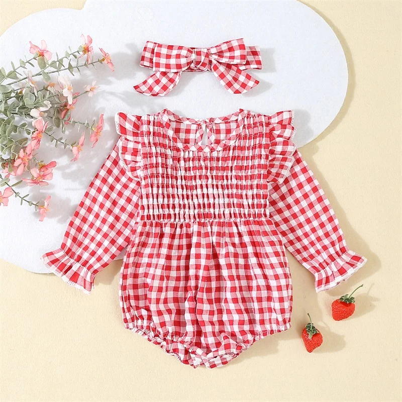 

Toddler Infant Baby Girls Spring Autumn Romper Long Sleeve O Neck Shirred Plaid Romper with Headband Set Lovely Clothes