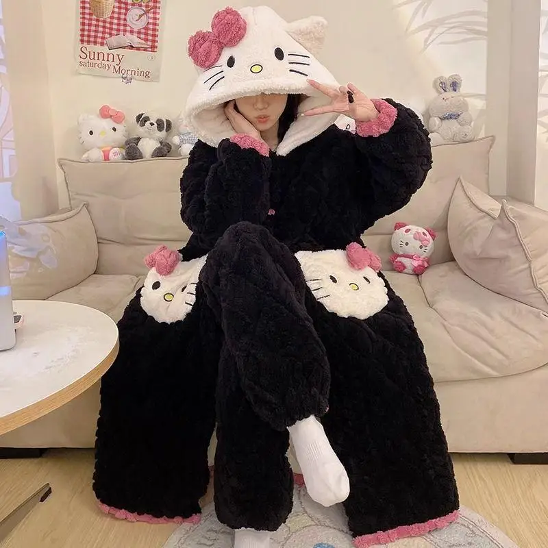 Hot Kawaii Hellokitty Hooded Pajamas Girls' Nightgown Coral Velvet Long-Sleeved Tops Sanrio Pants Thickened Home Casual Wear Set