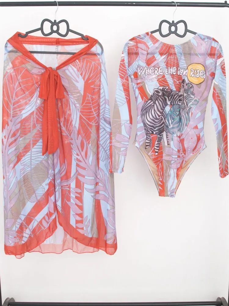 Mesh Retro Bikini Printed Fashion Swimsuit And Cover Up With Skirt Tight Women's Bandage Summer Beach Luxury Elegant 2025