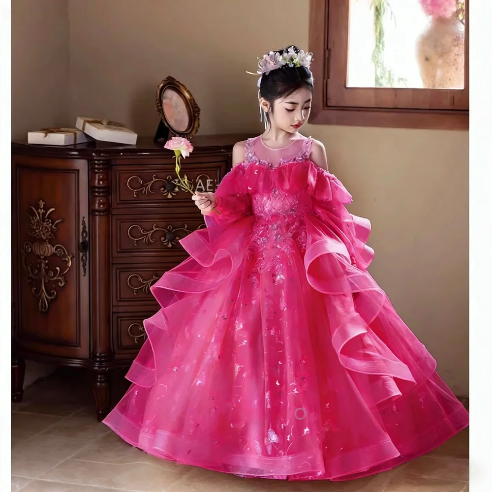 Girls Birthday Princess Dress Childrens Long Gown Formal Party Flower Girl Celebration Outfit Sleeve Pageant Piano Performance