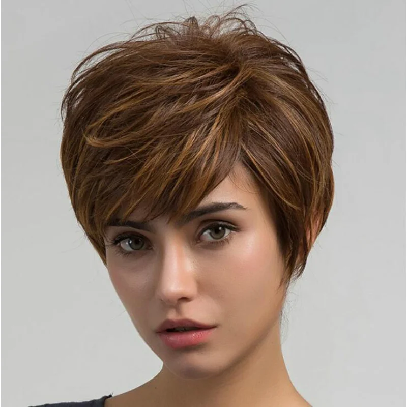 

European and American style women's short curly wig, brown with highlights, fluffy slightly wavy synthetic hairpiece