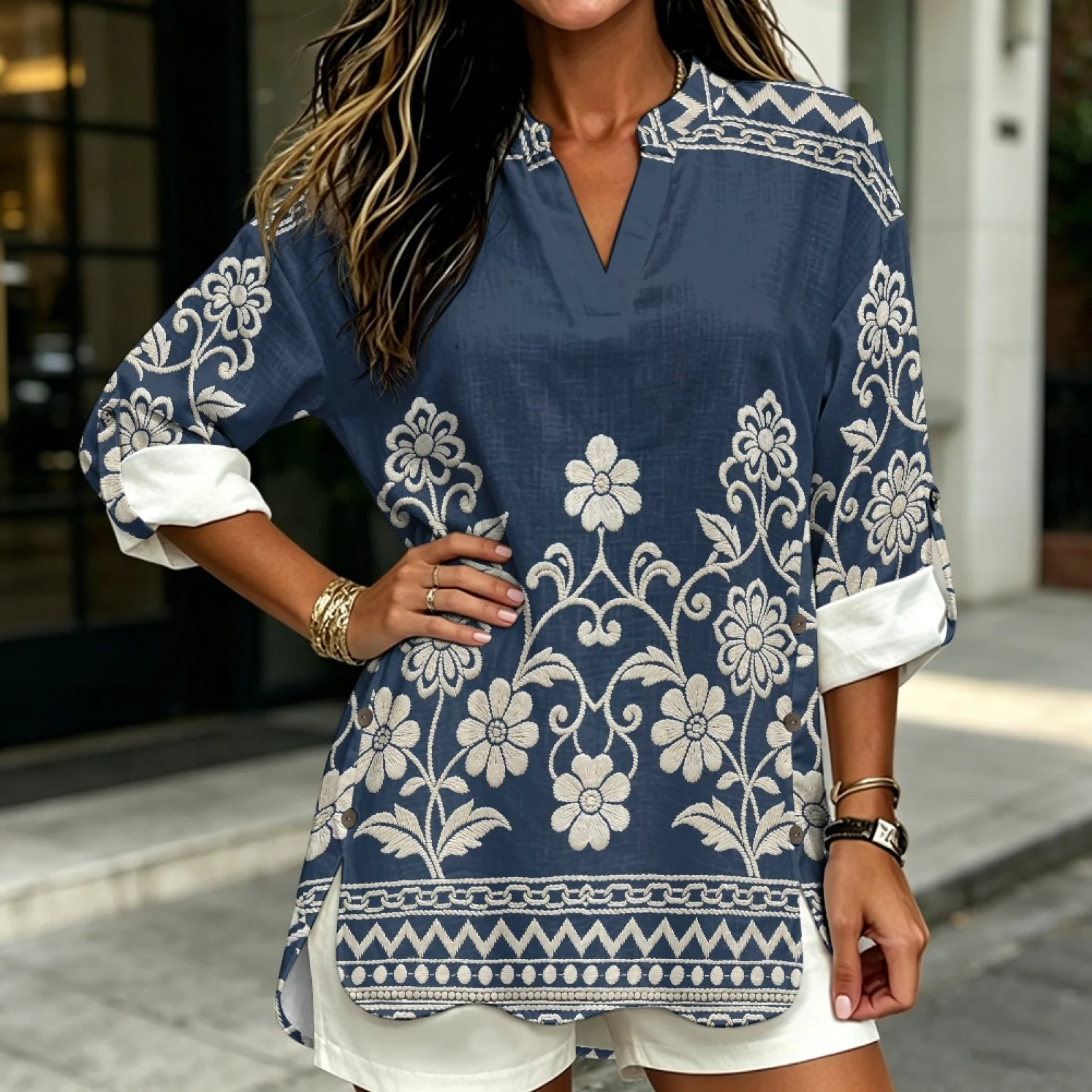 PENSTROLL Beige Floral Vine Linen Style Women's Long Sleeve Tops Casual Fit V Neck Tunic Tops for Ladies Sizes S-5XL