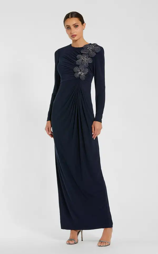 

Простые ретро-Джерси по индивидуальному заказу, плиссированные цветочные бисерные прямые длинные платья с высоким воротником, платья на заказ, изысканные повседневные платья