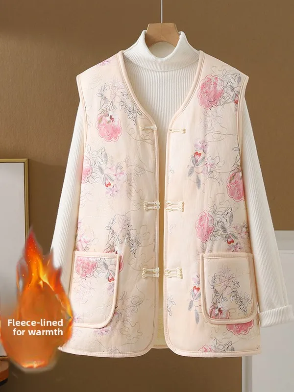 Colete feminino forrado com fce, quente, botão, artístico, retrô, estampa floral, v-ne, roupa externa interna