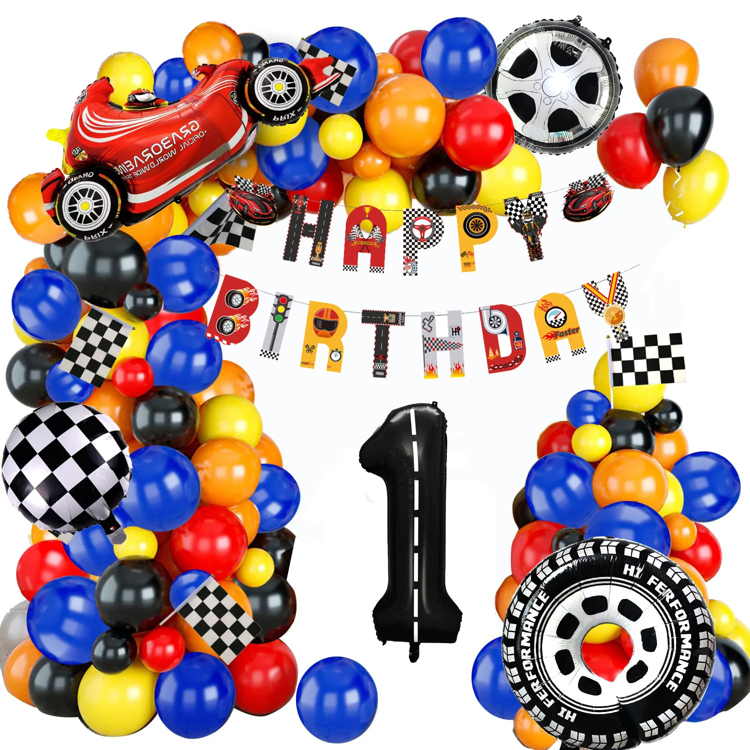 مجموعة قوس بالونات السباق الكل في واحد، تأتي مع علم سحب وأرقام لتزيين حفلات أعياد الميلاد