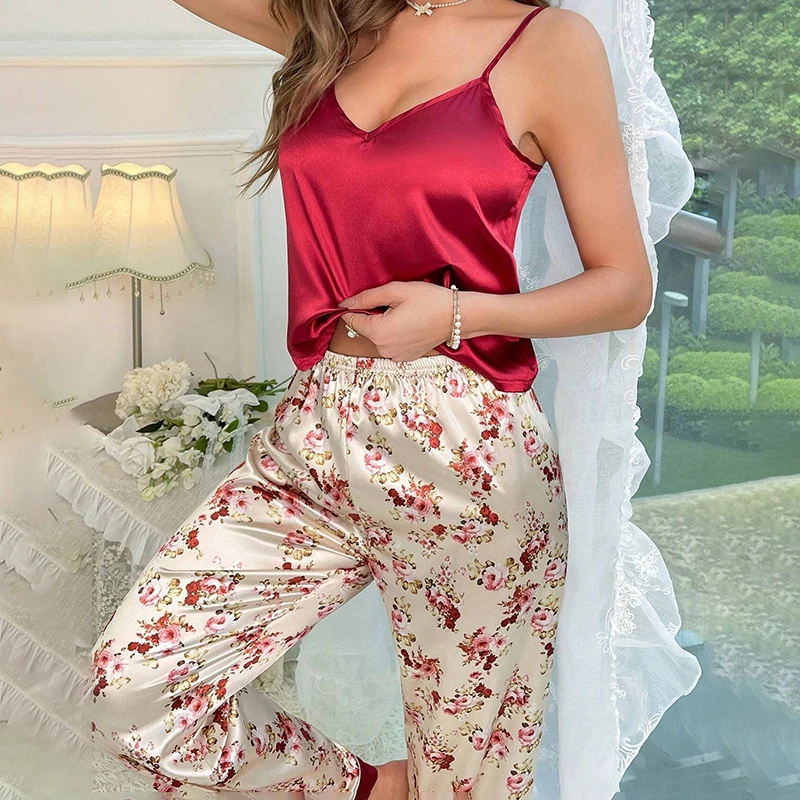 Women's Casual Letter Printed Thin Shoulder Strap Pijama Set with Adjustable Camisole Tops Elastic Pants Sleepwear Home Clothes