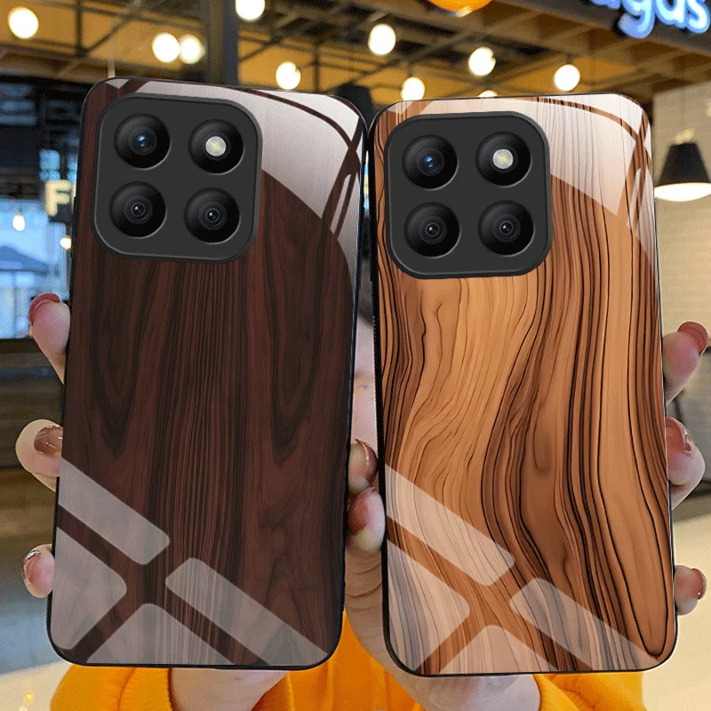 

Hard Tempered Glass Case For Honor 400 Smart X7d 5G Protective Cover Wood Texture Pattern Back Shell Fundas