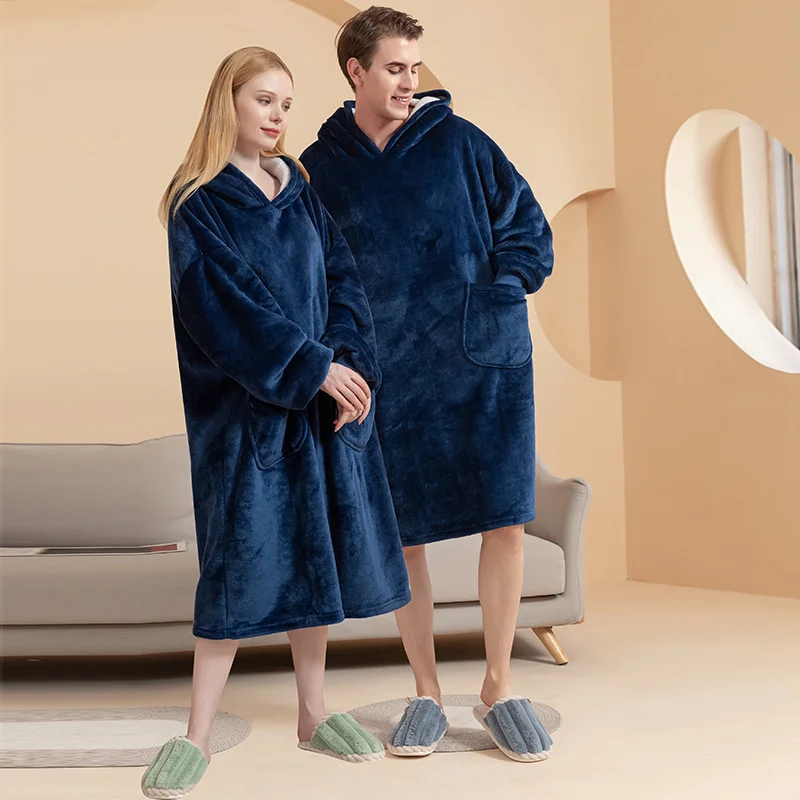 Double Layers Flannel Robes for Women Winter Hood Men's Bathrobe Super Thicken Warm Kimono Casual Lazy Television Blanket