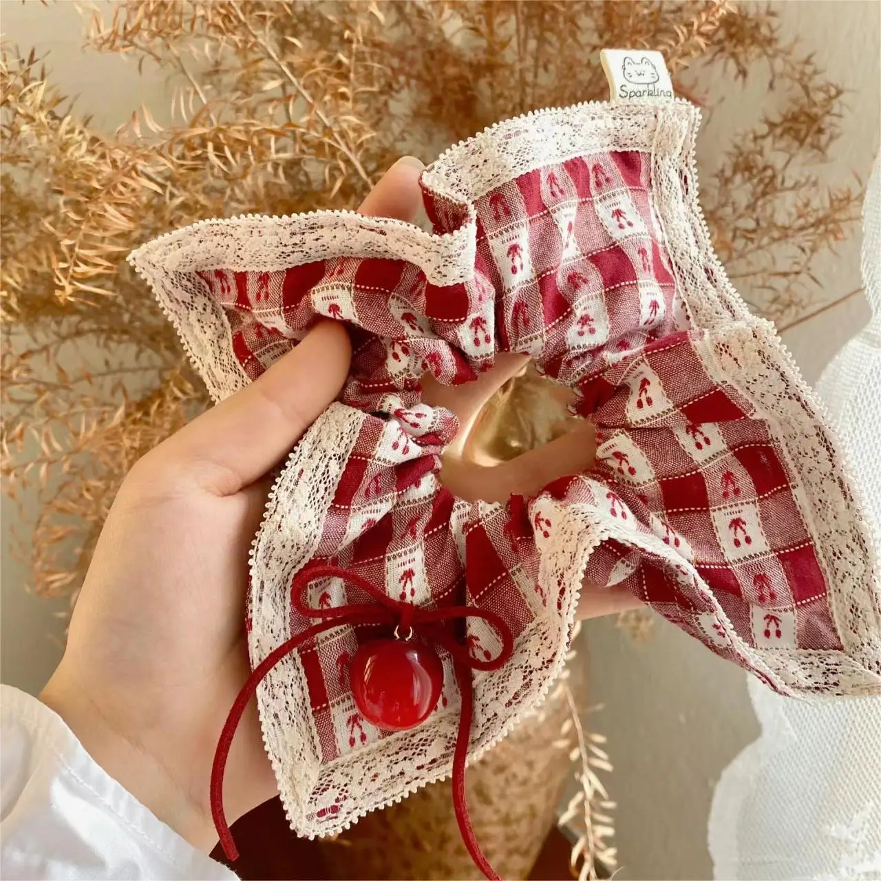 Women\'s Scrunchies Sweet Style Red Check Cherry Scrunchie Lace Lace Cherry Square Scarf Hair Rope Hair Accessories Girls Gift
