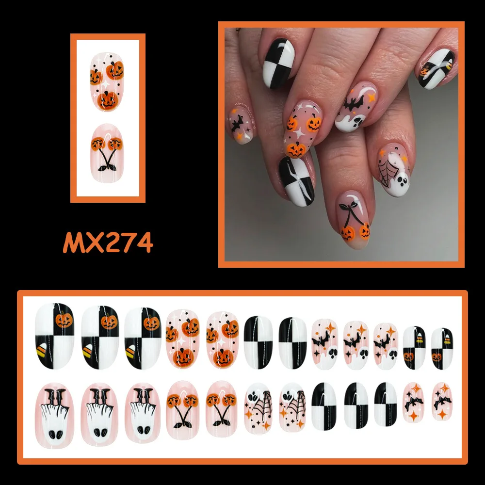 Halloween Nail Art Pumpkin Ghost Spider Web Bat Black White Checkered 24pcs Fake Nails with 1 Jelly Glue 1 Nail File