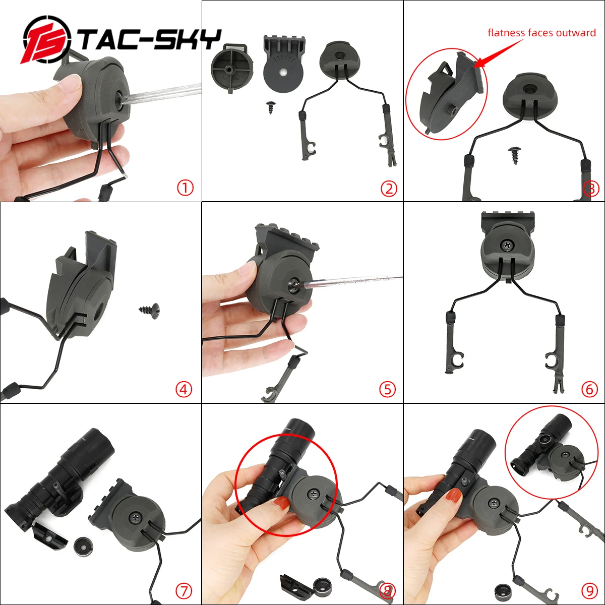 TS TAC-SKY Tactical Flashlight Head Mount casco Quick Action Core ARC Rail Adapter per Airsoft Sport Helmet Mount grigio