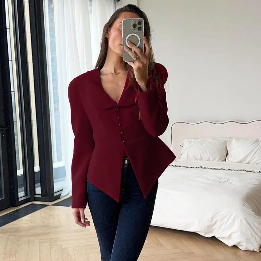 

Linad Elegant Wine Red Puff Sleeve Shirts Vintage Single Breasted Blouse Woman Autumn Sexy Navel Long Sleeve Tops Female 2025