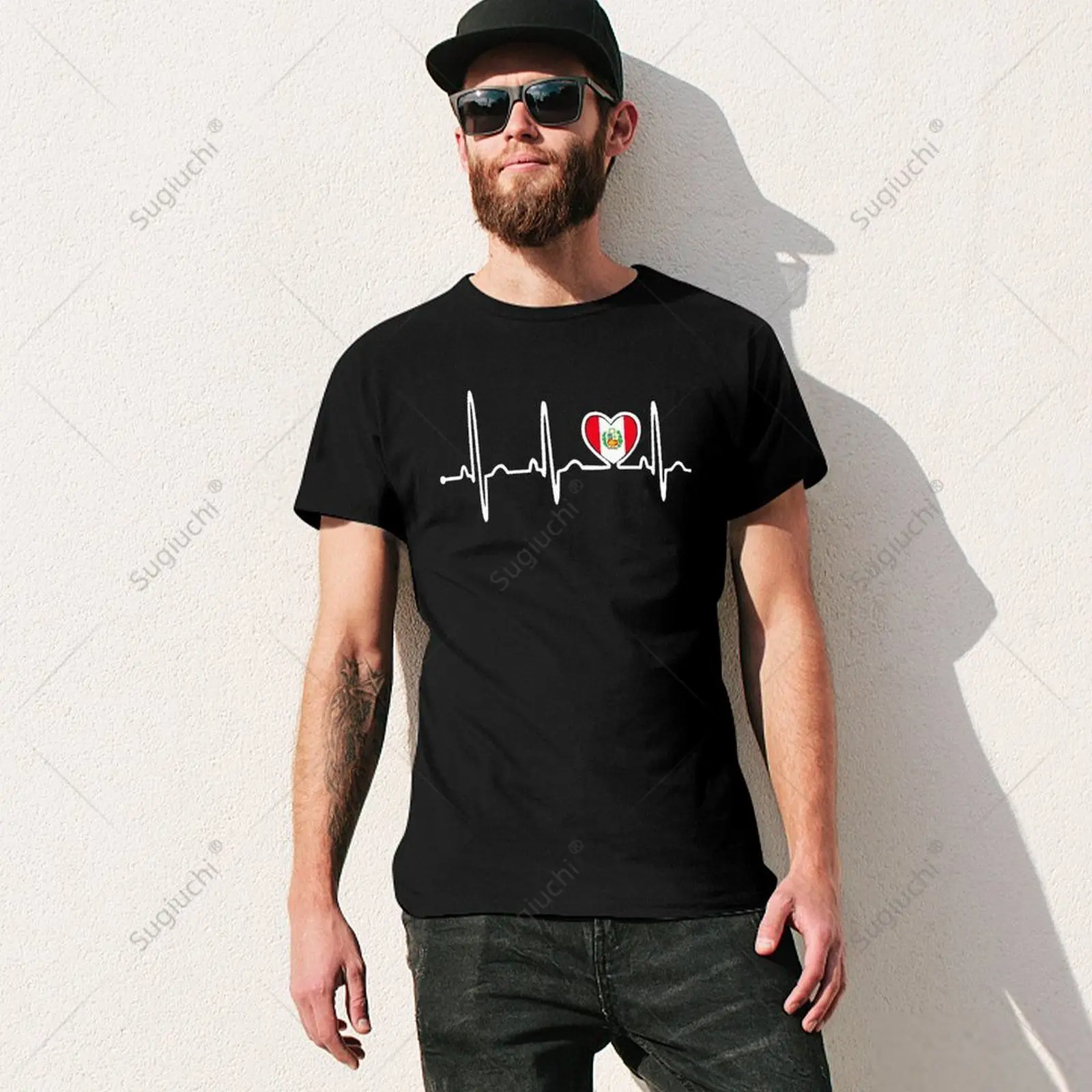 Unisex Men Peru Flag Electrocardiogram Heart Tshirt Tees T Shirts Women Boys 100% Cotton T-Shirt image 2