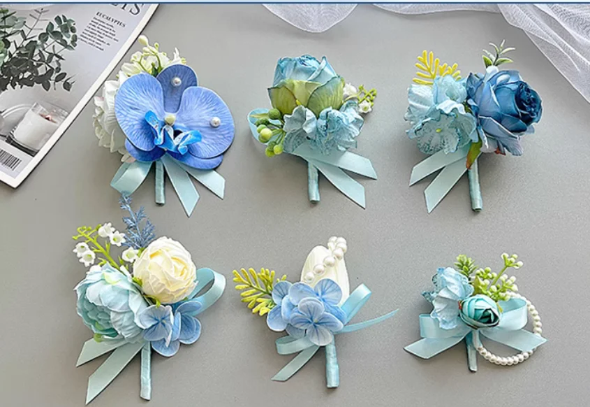 

Прозрачная синяя серия Фаленопсис, свежий лес, свадьба, корсаж для невесты и жениха, группа подружки невесты, цветок на запястье