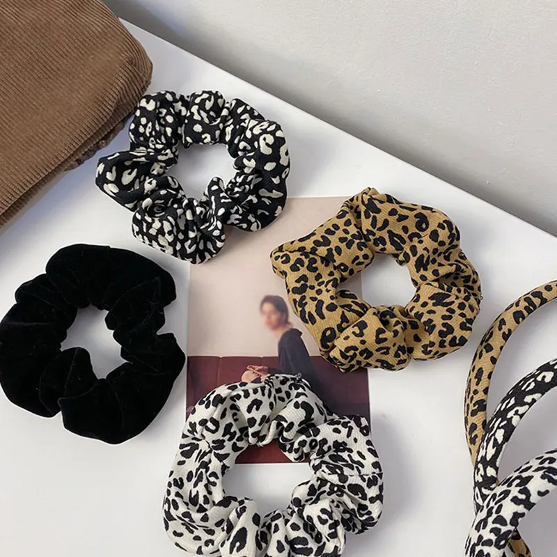 Vintage Leopard Hair Scrunchies Winter Warm Soft Elastic Hair Band Women Girls Ponytail Holder Rubber Band Hair Accessories