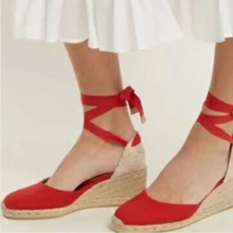 Sandalias de cuña con plataforma para mujer, alpargatas de lona con correa en el tobillo, tacones altos, zapatos de Gladiador, informales, Verano