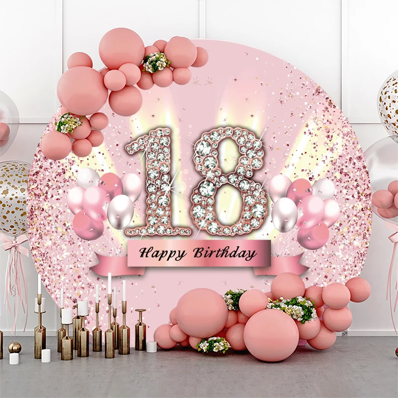 Pink 18th Birthday Backdrop Round 18 Years Old Party Decorations Girl Boy Eighteen Balloon Circle Elastic Photo Background Cover