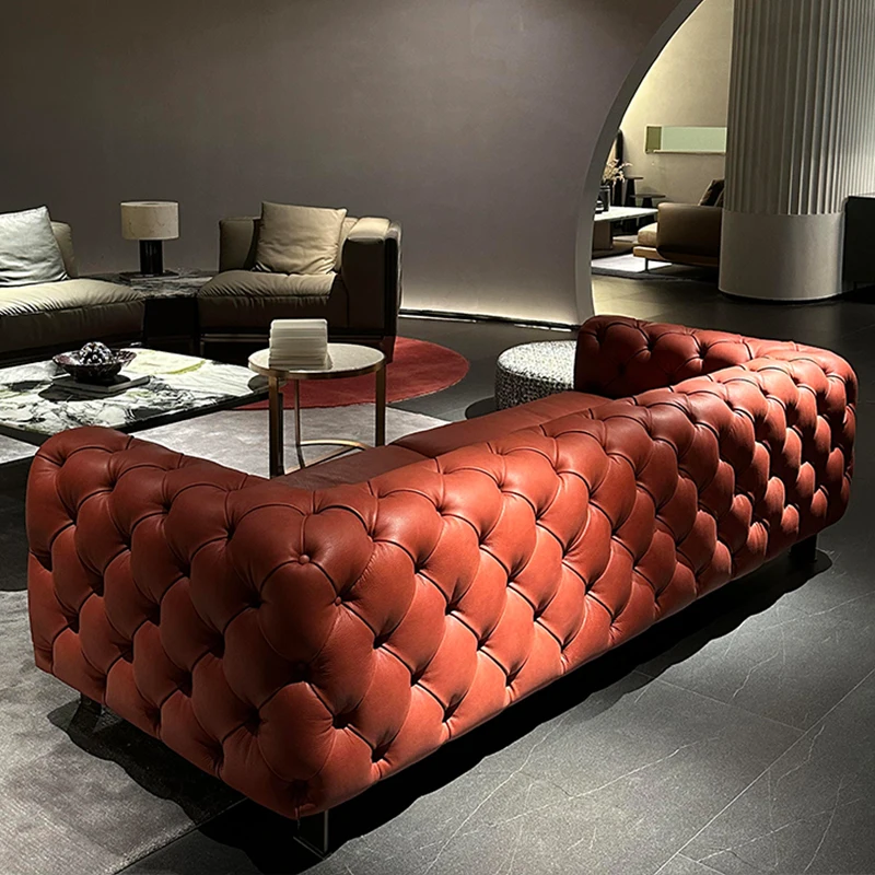 Light luxury buckle straight row three-person combination sofa leather sofa