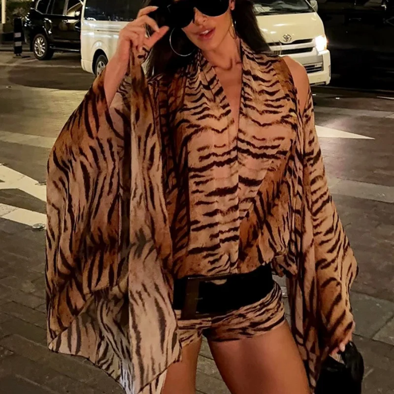 

Spring 2026 Women's Fashion Sexy Deep V Loose Casual Leopard Print One-Piece Pants Short Style for Trendy Ladies