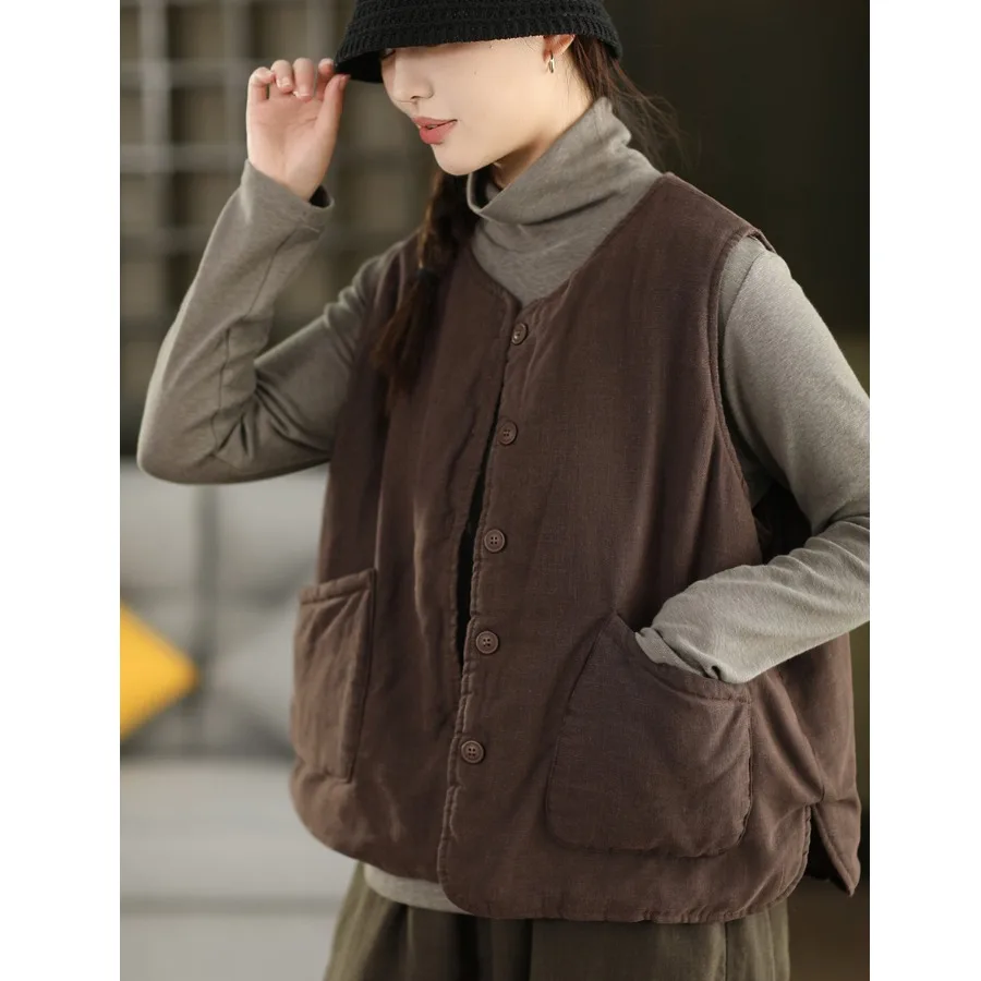 

Thiened Cotton Linen Vest Autumn Winter Women's Pure Color Warmthl Svel Jaet Coat Retro Art Sle Outerwear