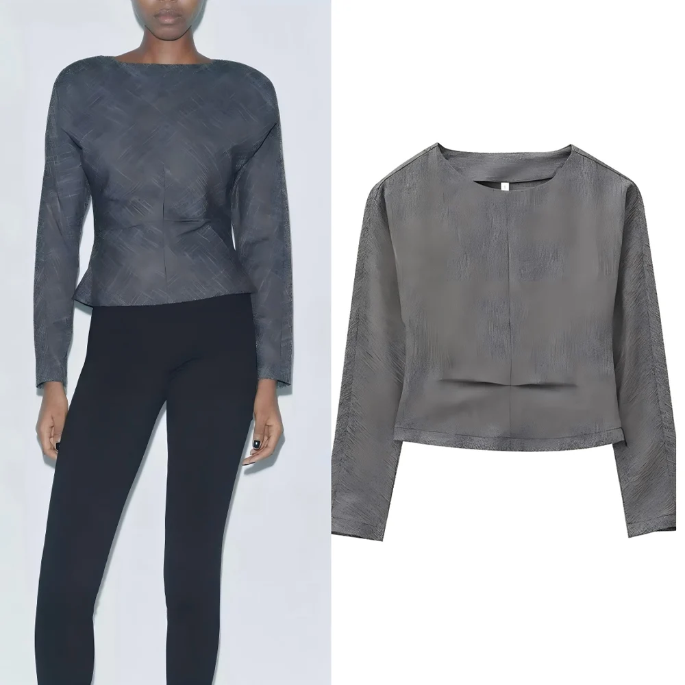 

Women's 2025 new fashion pleated decoration short O-Neck top retro long sleeved side zipper women's pullover chic top