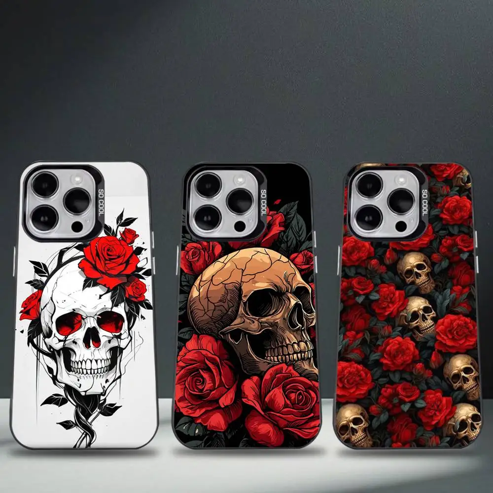 

Skull Floral Cartoon Phone Case For iPhone 16,15,14,13,12,11,8,7,Pro,Max,Plus,Mini,XS,SE Anti Fall Black Matte Hard