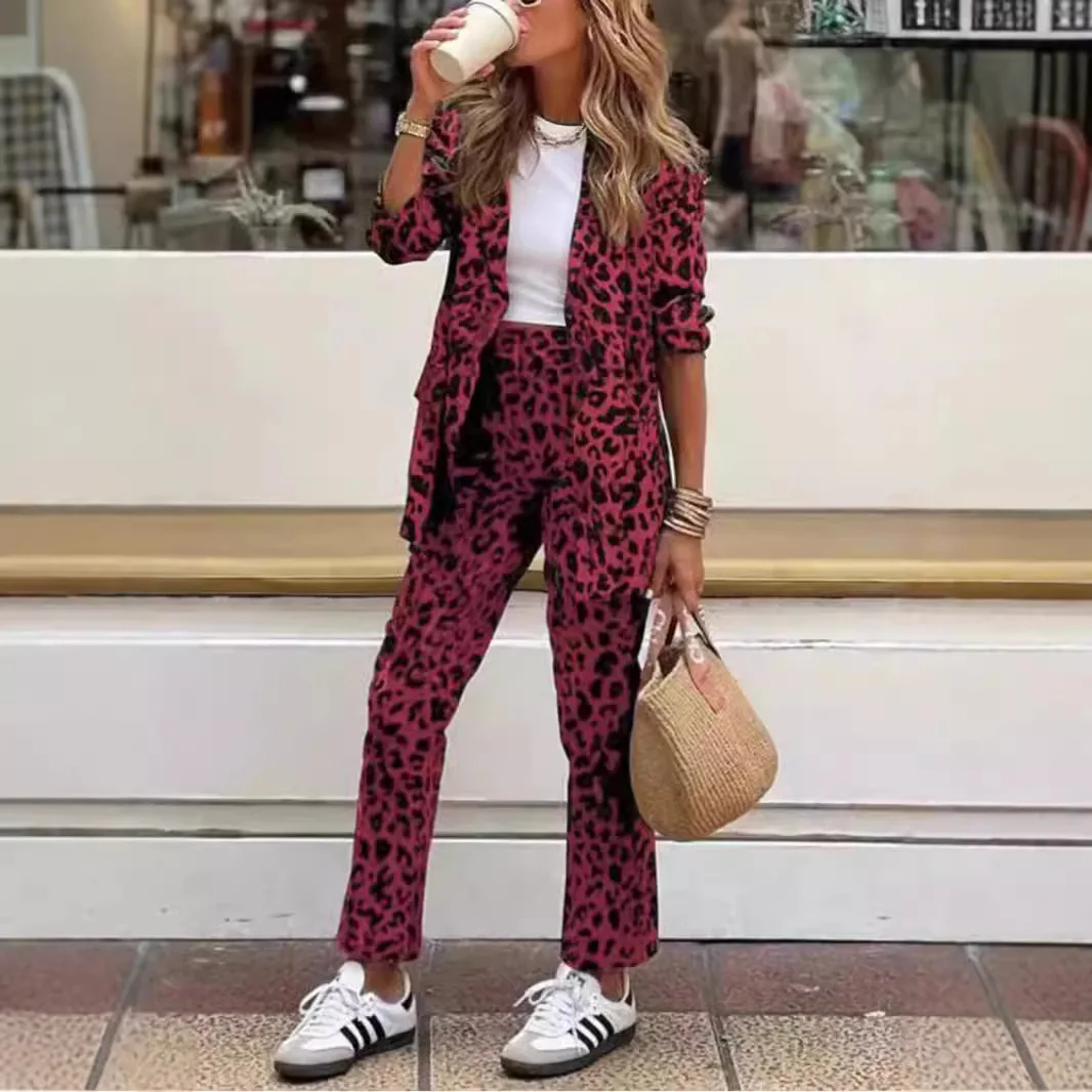 

Fashion Leopard Print Blazer Two Piece Sets Women Elegant Office Lapel Long Sleeve Blazer Coat + Pants Sets Casual Outfits