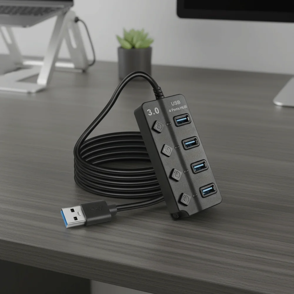 4 Port USB 3.0 Hub With Switch Power Adapter Multi USB Splitter Long Cable 5Gbps High Speed USB Docking Stations
