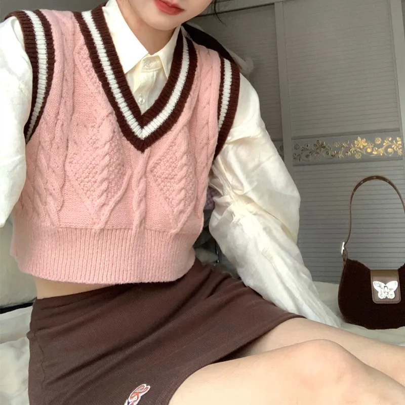 Knitted Vest Women Spring Autumn Vintage Casual Preppy Style Sleeveless Sweater Female Korean Fashion Loose All-match Waistcoat