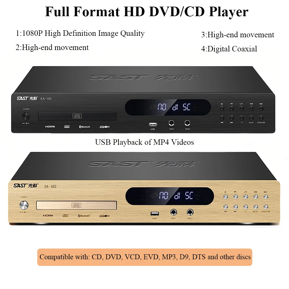 Reproductor de DVD/CD de Formato Completo con Decodificación DTS, Salida de 5.1 Canales, Bluetooth 5.2, Reproductor de CD HD para el Hogar con USB, 1080P, Memoria de Apagado