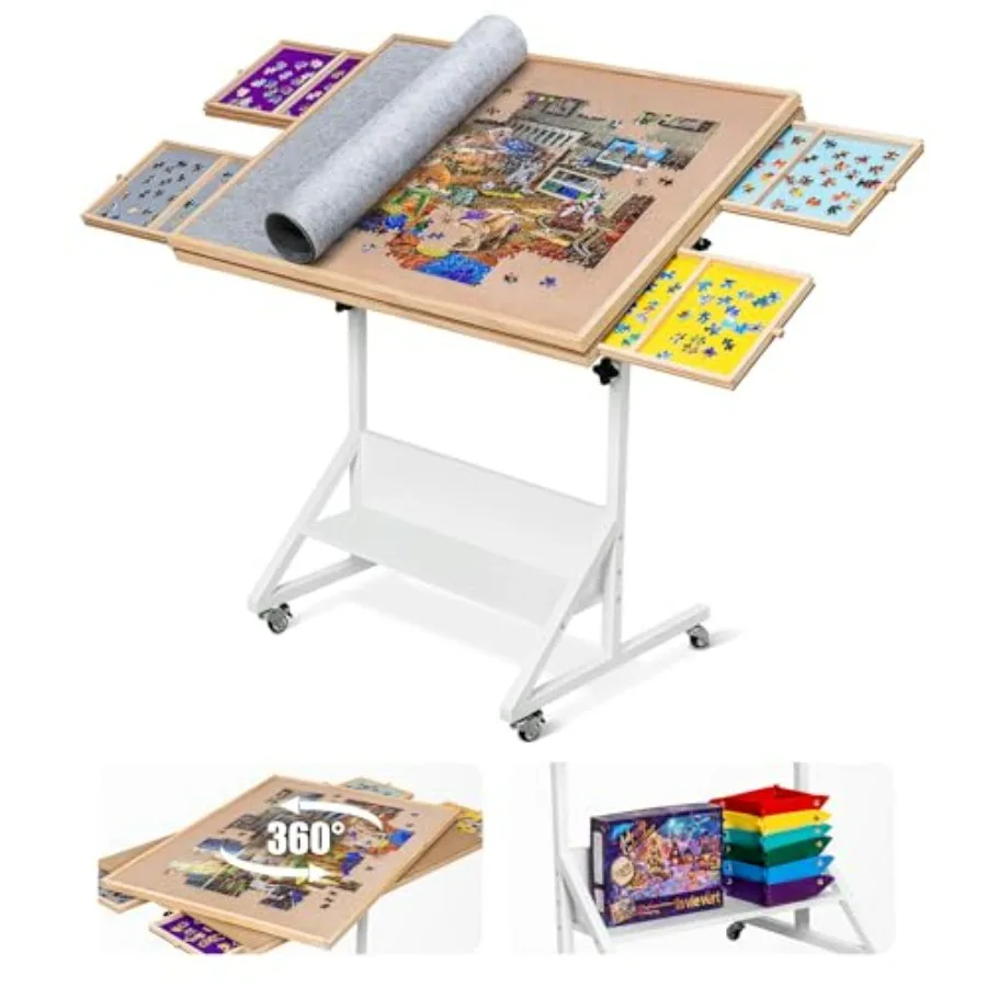 

Puzzle table for adults: wooden, brown, 1500-piece tilting design with 4 drawers, adjustable angle/height, non-slip surface, po