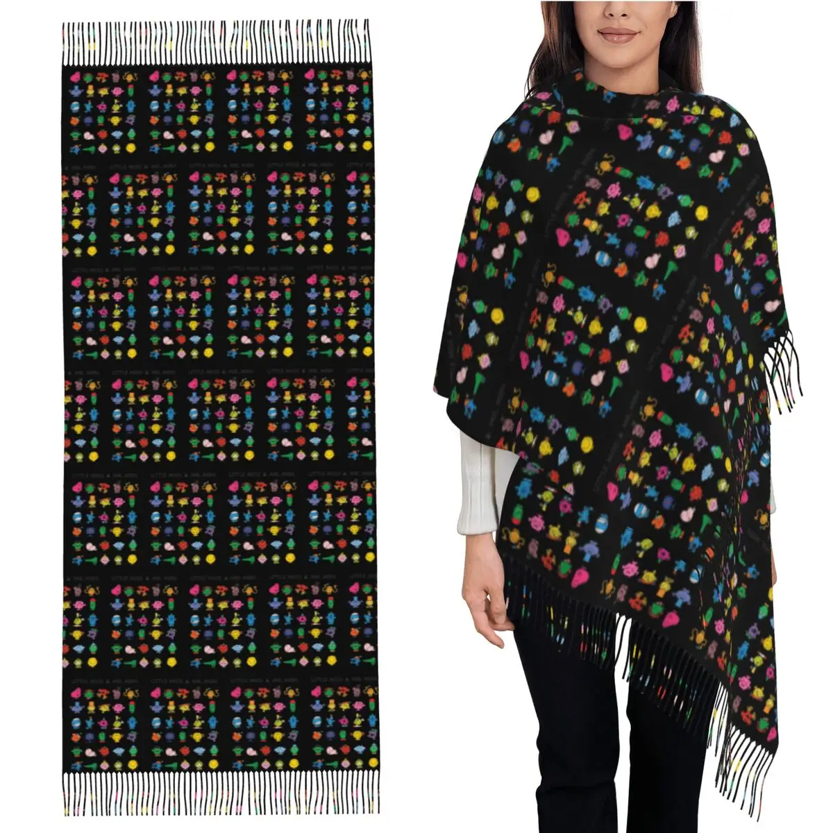 Little Miss And Mr. Men Scarf Tassel Scarves for Women Soft Warm Shawls and Wraps Large Fall Winter Shawl Wrap