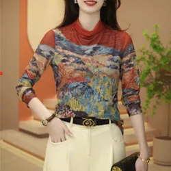 Women's Half High Collar Gauze Bottom Autumn Winter Fashion Commute Natural Scenery Long Sleeve Printed Pullover T-Shirts Tops