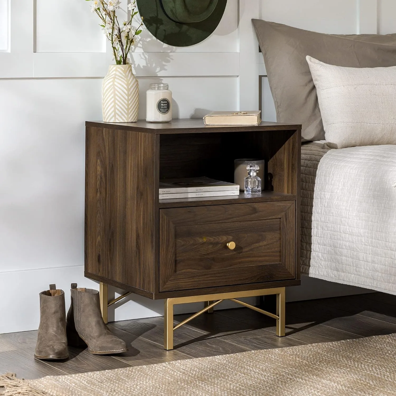 Walker Edison Morgan Contemporary Wood and Metal 1 Drawer Nightstand with Gold Accents, 25 Inch, Dark Walnut