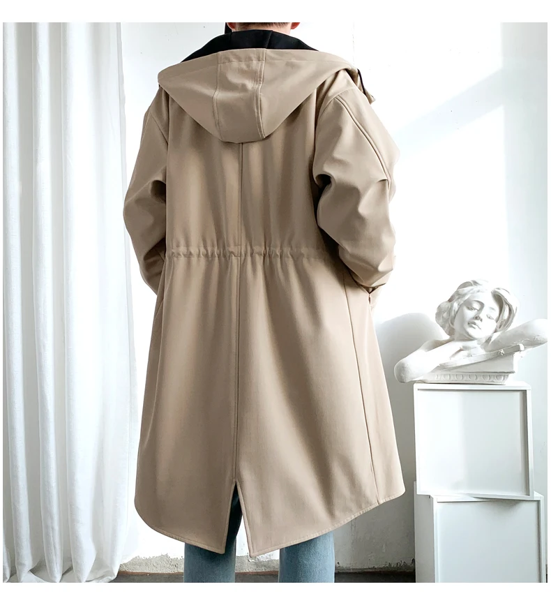 トレンチメンズコートファッションフード付きトレンチコート秋ミッドレングスシングルブレストルーズウインドブレーカーカジュアルオーバーコートフェイクツーピース