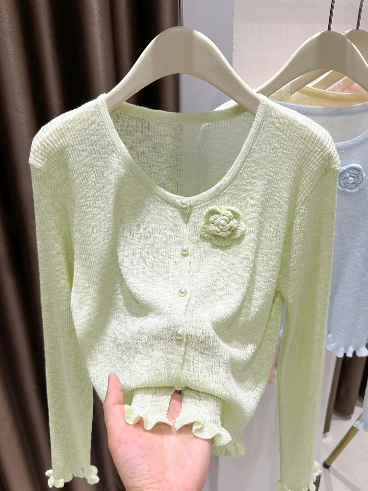 

Летний женский кардиган из ледяного шелка с защитой от солнца, тонкий вязаный кардиган с цветочным узором, накидка для повседневной носки