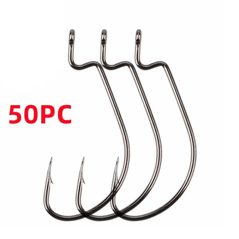 50pcs High Strength Crank Hook Barbed Hook Carbon Steel Fishing For Soft Fishing Lure Wide Belly Crank Hooks Fishing Accessories