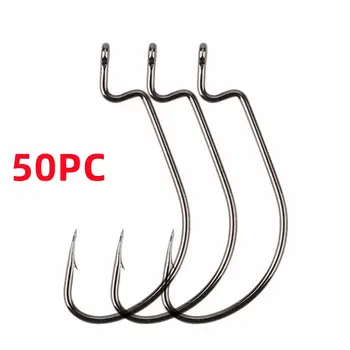 Lot de 50 hameçons barbelés à haute résistance en acier au carbone, crochets à manivelle, ventre large, leurre souple, accessoires de pêche
