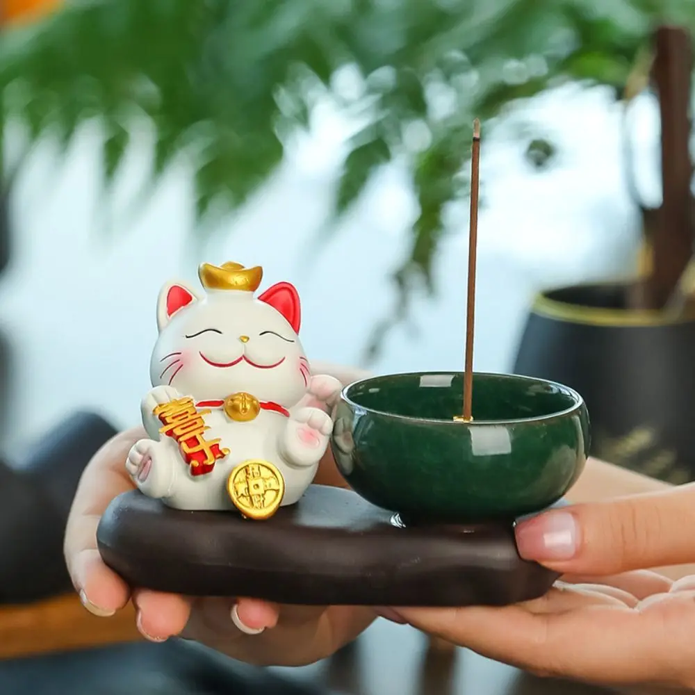 

Creative Lucky Cat Incense Burner Traditional Ceramic Incense Stick Holder Zen-like Chinese Style Aromatherapy Base