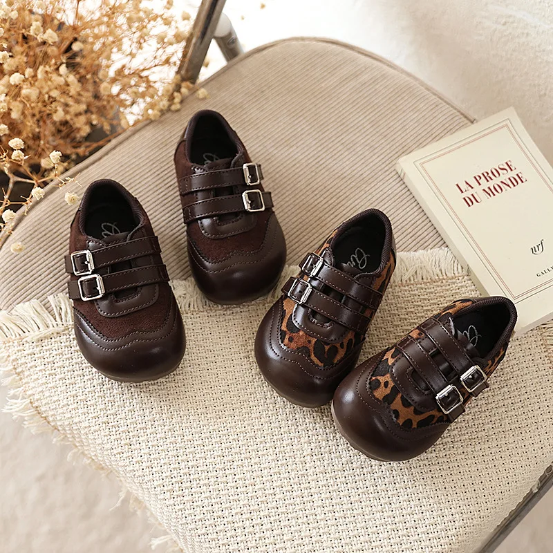 Ins British Vintage Girls Leather Shoes Spring Autumn Leopard Print Double Buckle Princess Flats Soft Sole Kids Casual Shoes