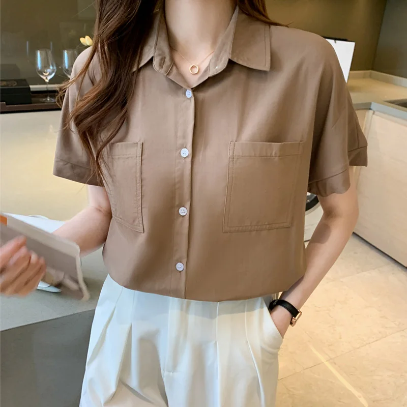 

Women Clothes Soldi Pockets Casual Loose Shirts Summer New Single Breasted Fashion Simple Tops Office Lady Chiffon Vintage Tops