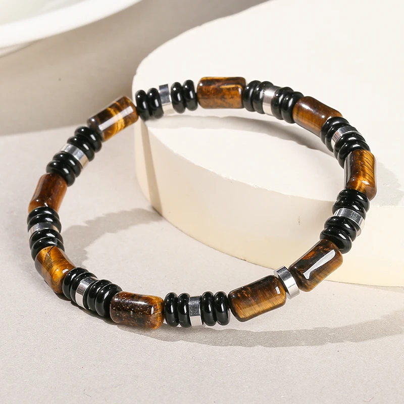 JD Natural Yellow Tiger Eye Stone Tube Shape Bracelets for Women Men Classic Stainless Steel Elastic Bangles Yoga Energy Gifts