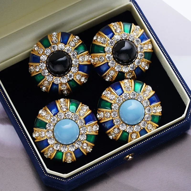 

Vintage Blue Black Resin Rhinestone Big Round Stud Earring for Women Exquisite Circle Crystal Pierced Earring Fashion Jewelry