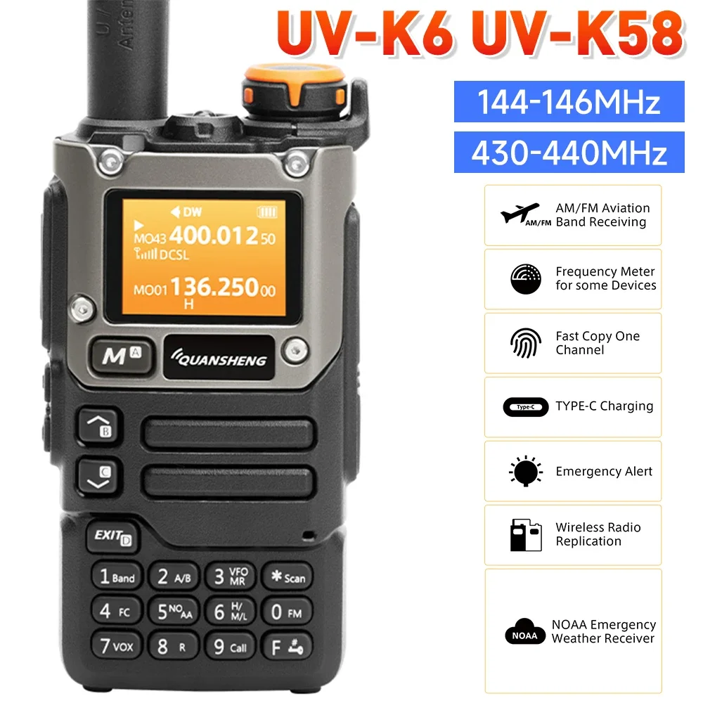 UV-K6 Handie-Talkie UHF VHF FM Two Way Radio with Type-C Charging and NOAA Weather Reception