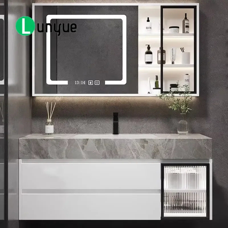 White Modern Smart LED Mirror Wall Mounted Floating Bathroom Cabinet Vanity Set with Storage Waterproof Moisture Proof for
