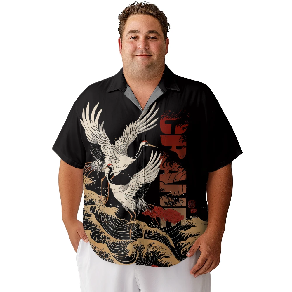 

2024 new Hawaii Men's shirts plus size China cranes printed clothing casual short-sleeved