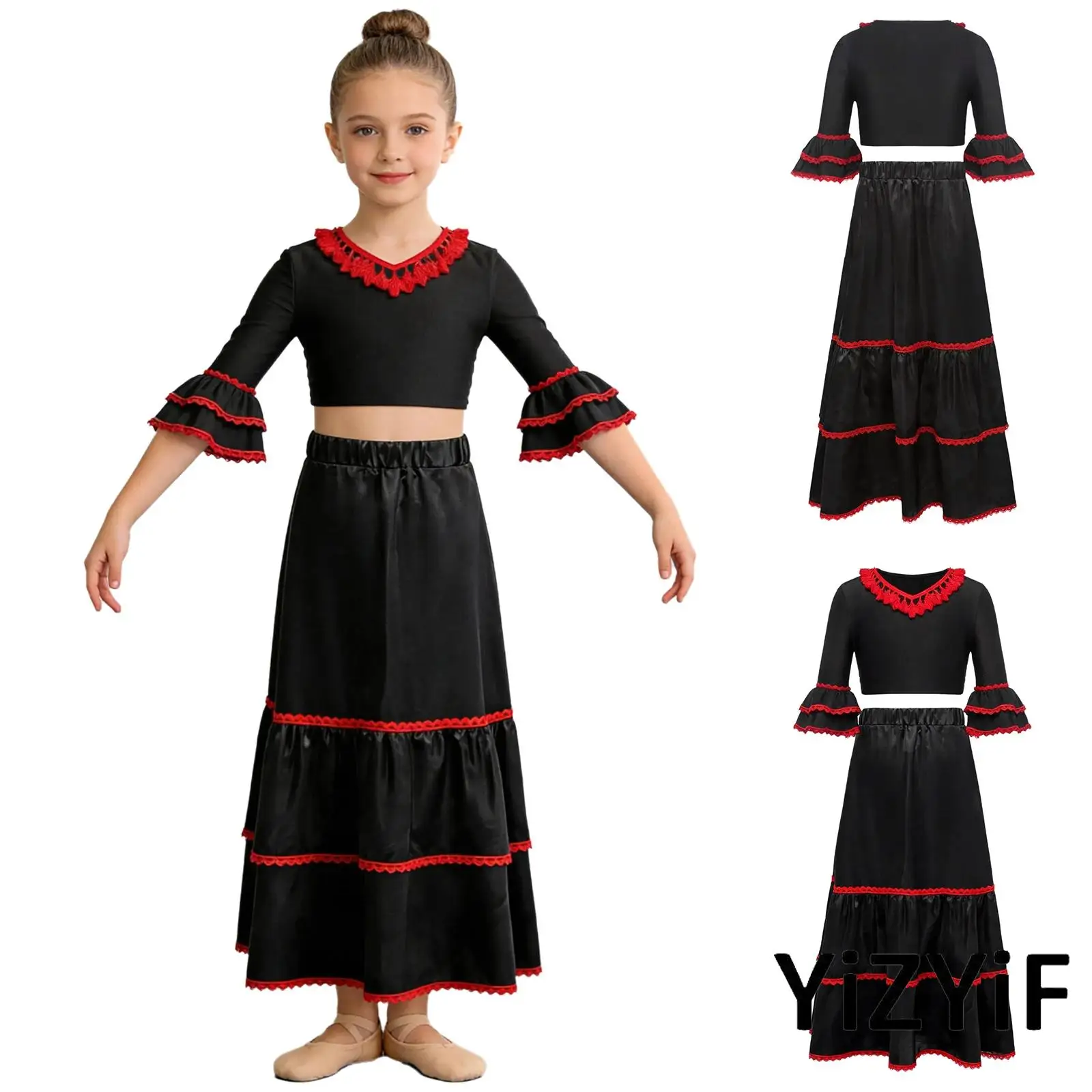 

Child Girls Flamenco Latin Dance Outfit Tassel V-neck Ruffle Half Sleeves Crop Top with Satin Tiered Skirt for Tango Salsa Dance
