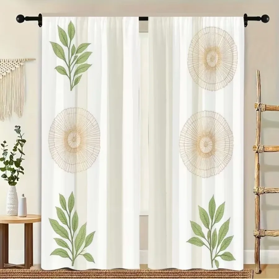 2 PCS Green Leaf Circle Curtains, Fresh Natural Style Window Drapes for Living Room Bedroom Home Decor Polyester Rod Pocket