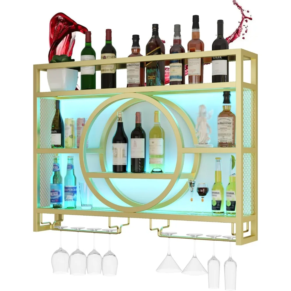 Wine rack de pared con soporte de vidrio integrado y estantes flotantes iluminados por LED para exhibición de botellas de licor